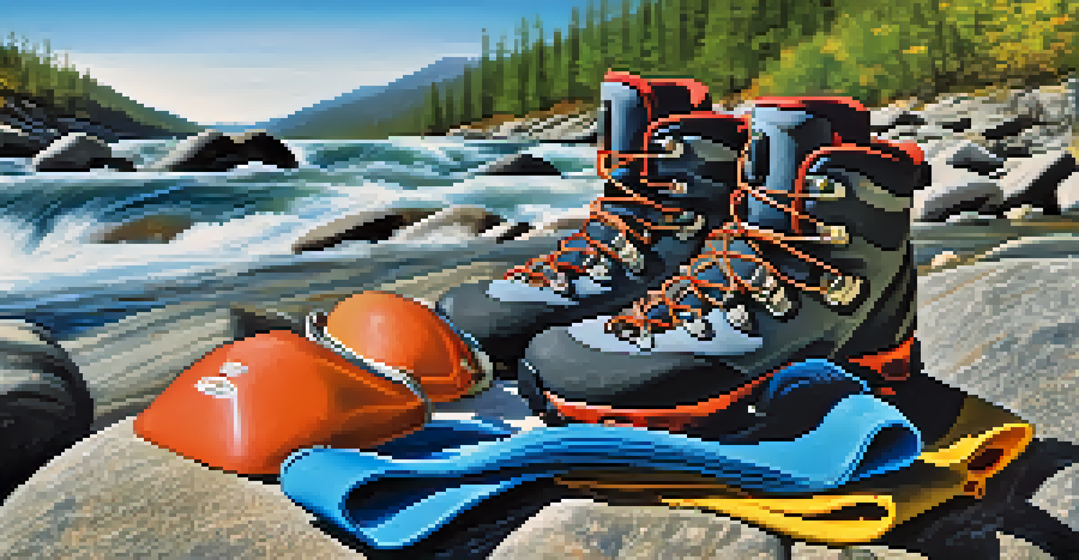 An assortment of canyoning gear, including a wetsuit and helmet, on a rocky surface with a blurred canyon in the background.