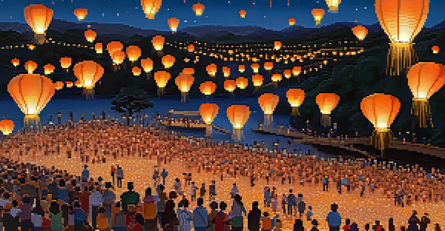 A serene lantern festival with glowing lanterns in the sky and families releasing lanterns against a twilight backdrop.