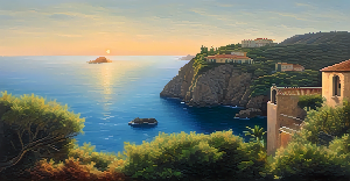 A giant one-eyed creature stands on a cliff overlooking the Mediterranean sea at sunset, surrounded by lush greenery.
