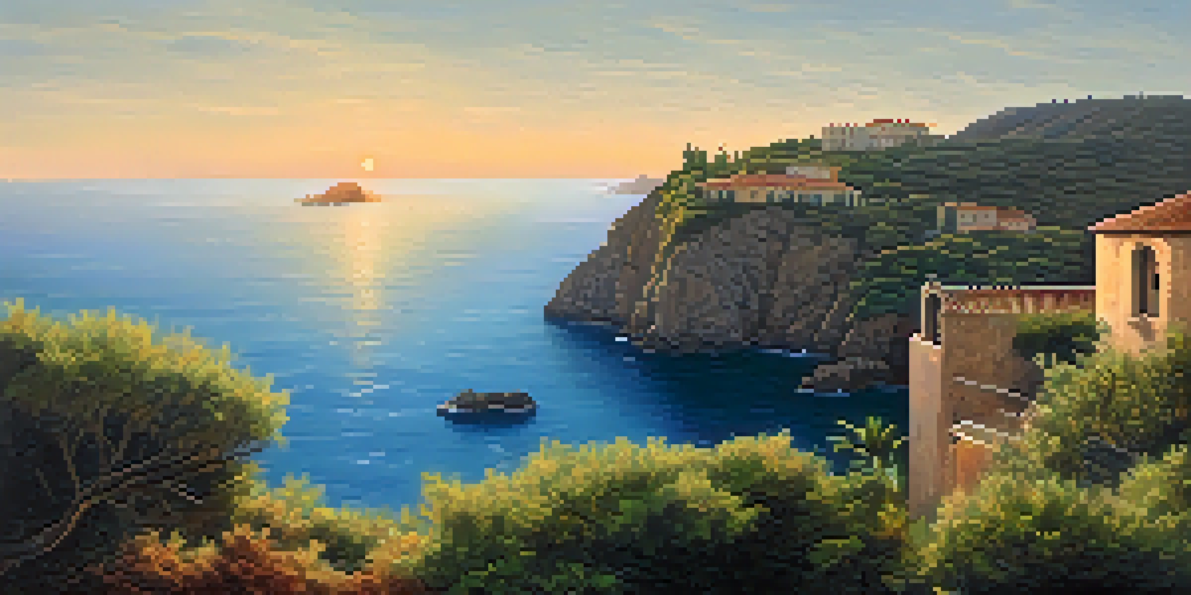 A giant one-eyed creature stands on a cliff overlooking the Mediterranean sea at sunset, surrounded by lush greenery.