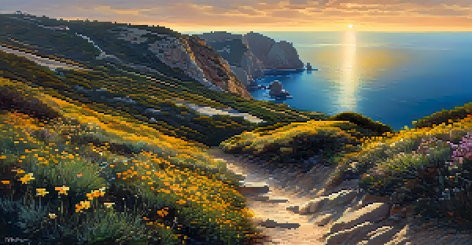 A hiker on a scenic coastal trail in Spain during sunset, with cliffs and the Mediterranean Sea in the background.