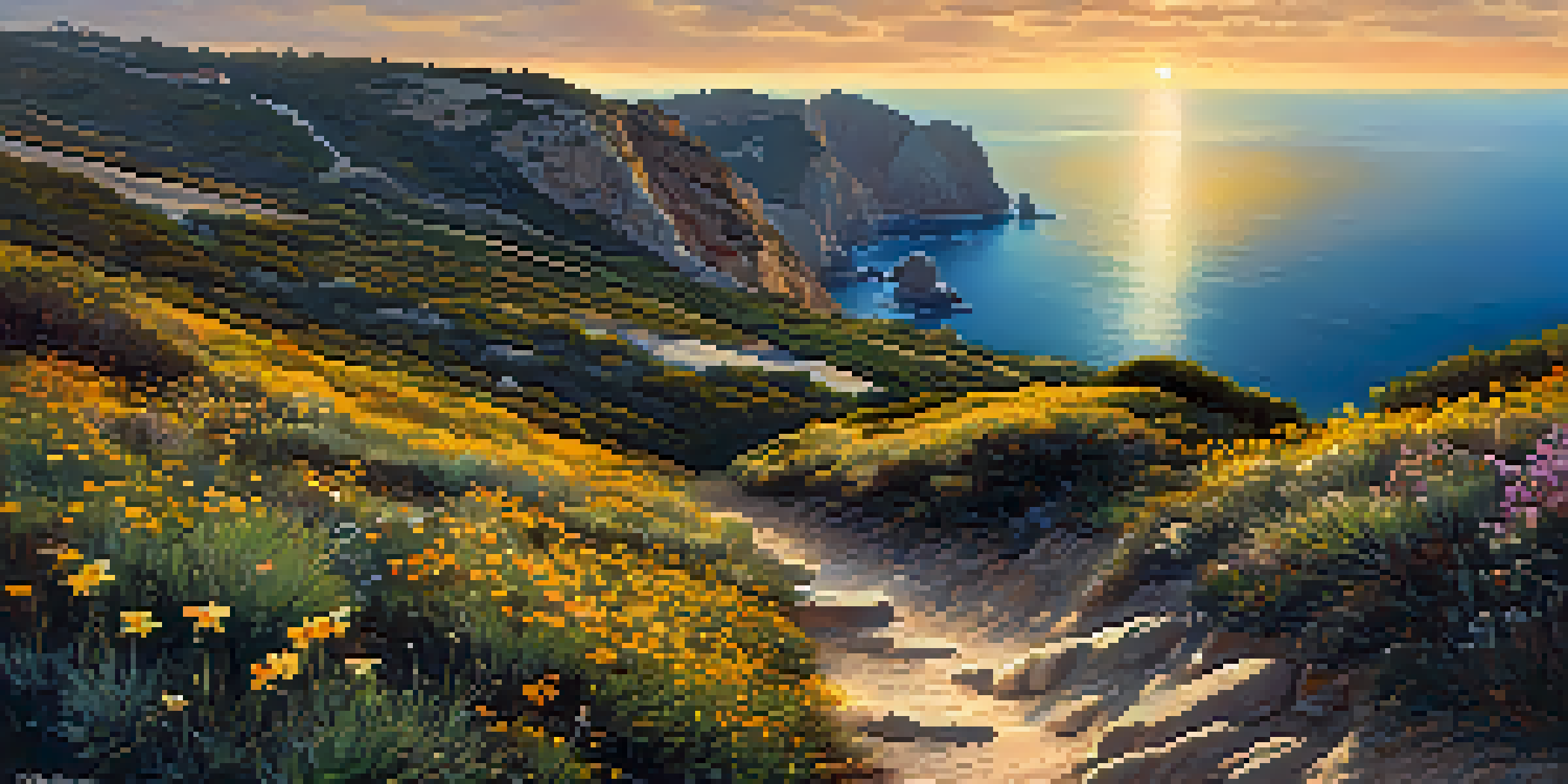 A hiker on a scenic coastal trail in Spain during sunset, with cliffs and the Mediterranean Sea in the background.