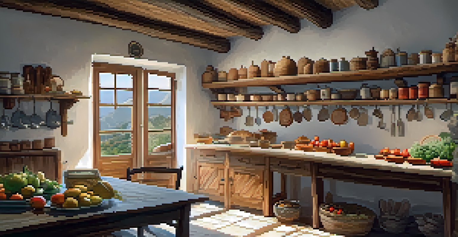 A warm and rustic kitchen filled with fresh ingredients and a delicious breakfast spread, showcasing the charm of an eco-friendly farm stay.