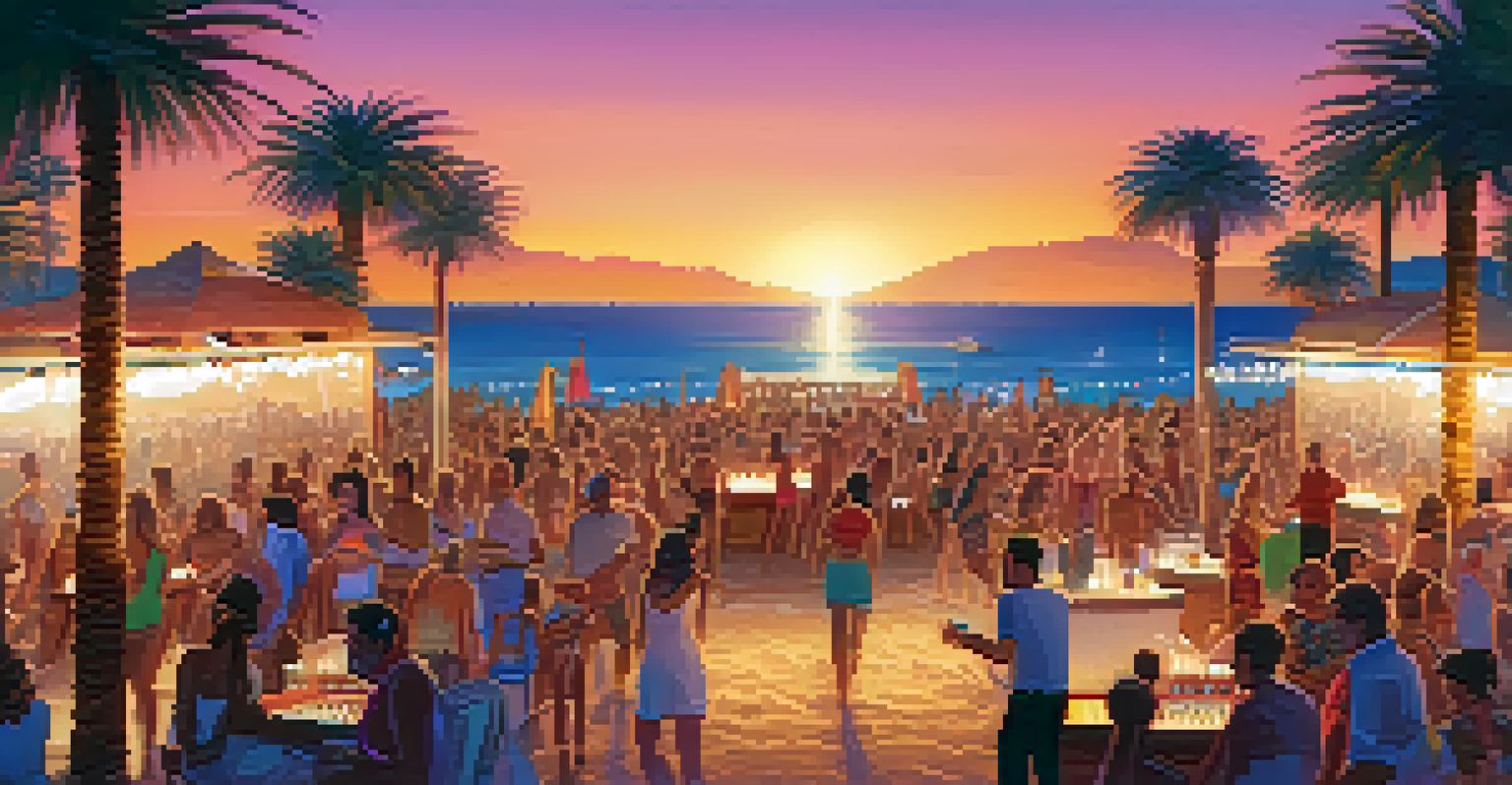 A lively beach club in Barcelona during sunset, with people dancing and colorful lights, surrounded by palm trees and the Mediterranean Sea.