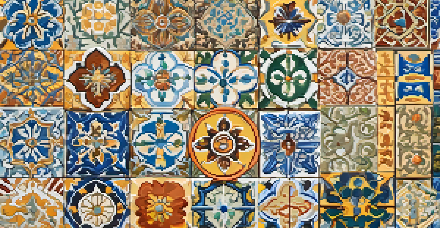 A colorful arrangement of various Spanish ceramic tiles showcasing intricate designs and patterns.