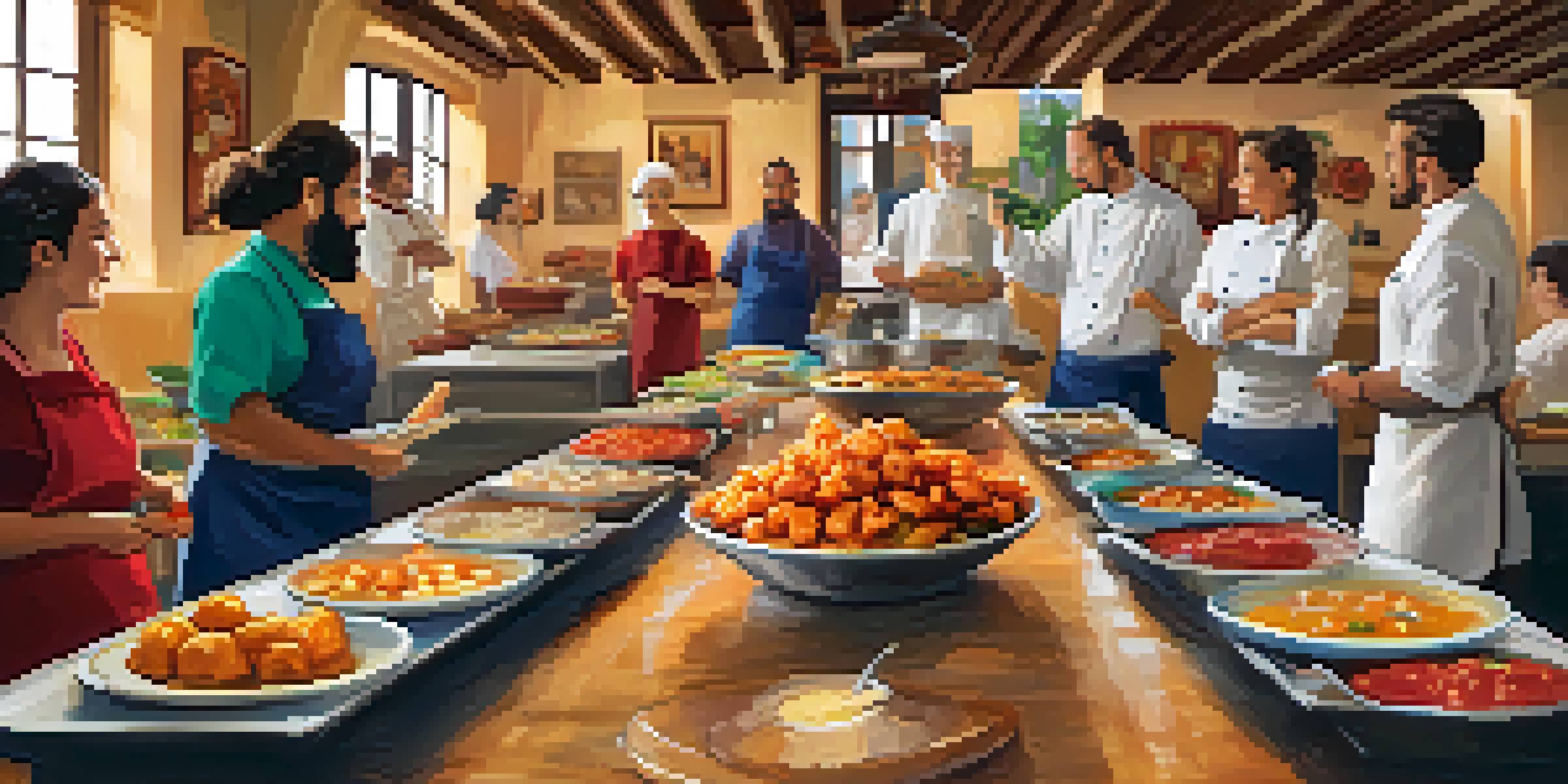 A lively cooking workshop with a table full of Spanish tapas dishes and happy participants learning from chefs in a warm kitchen setting.