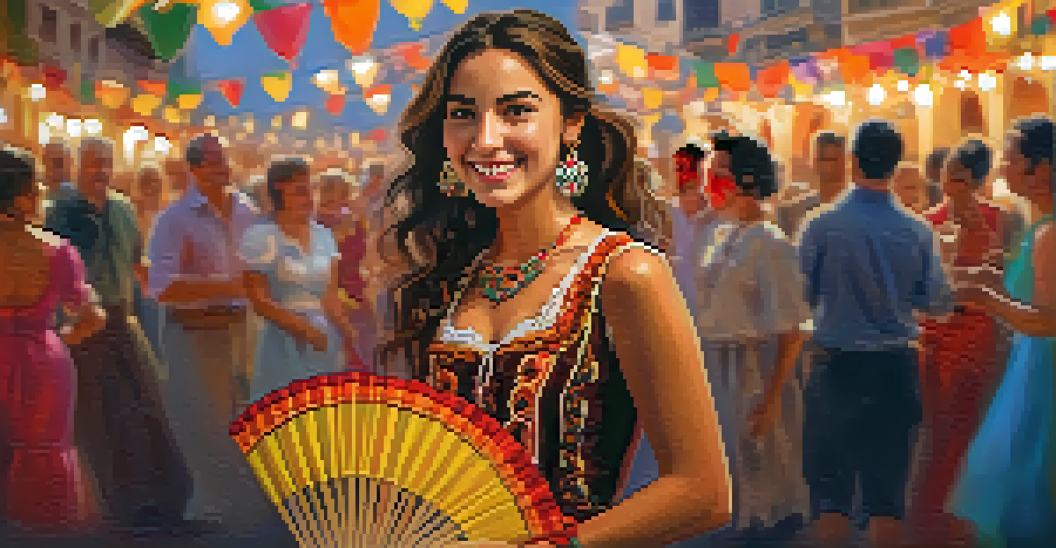 A joyful young woman in traditional Spanish attire holding a fan, with a blurred background of a festive celebration.