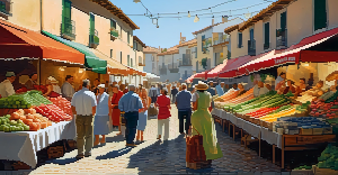 A lively rural Spanish market with colorful stalls of fresh produce and cured meats, bathed in warm sunlight.