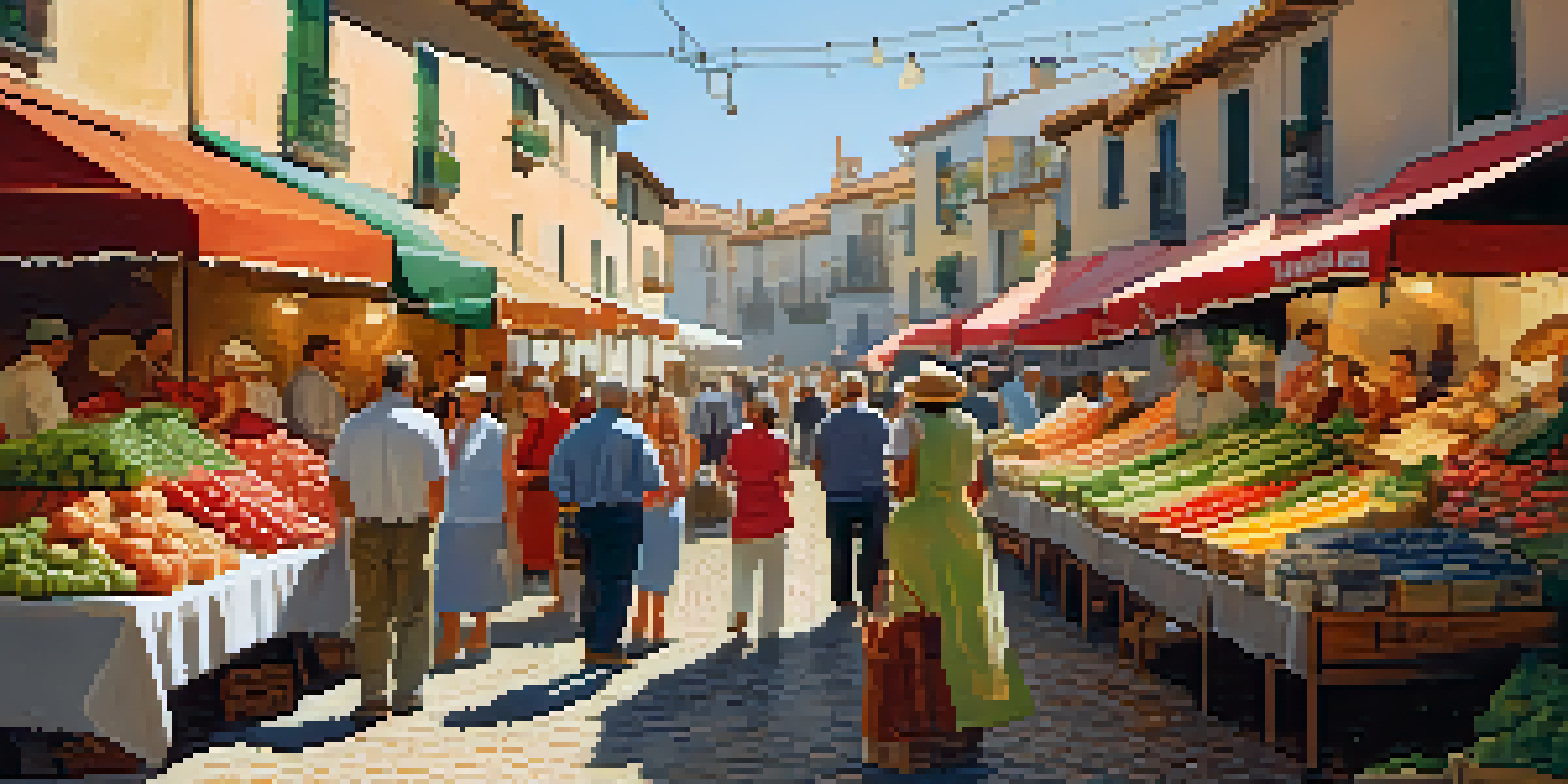 A lively rural Spanish market with colorful stalls of fresh produce and cured meats, bathed in warm sunlight.
