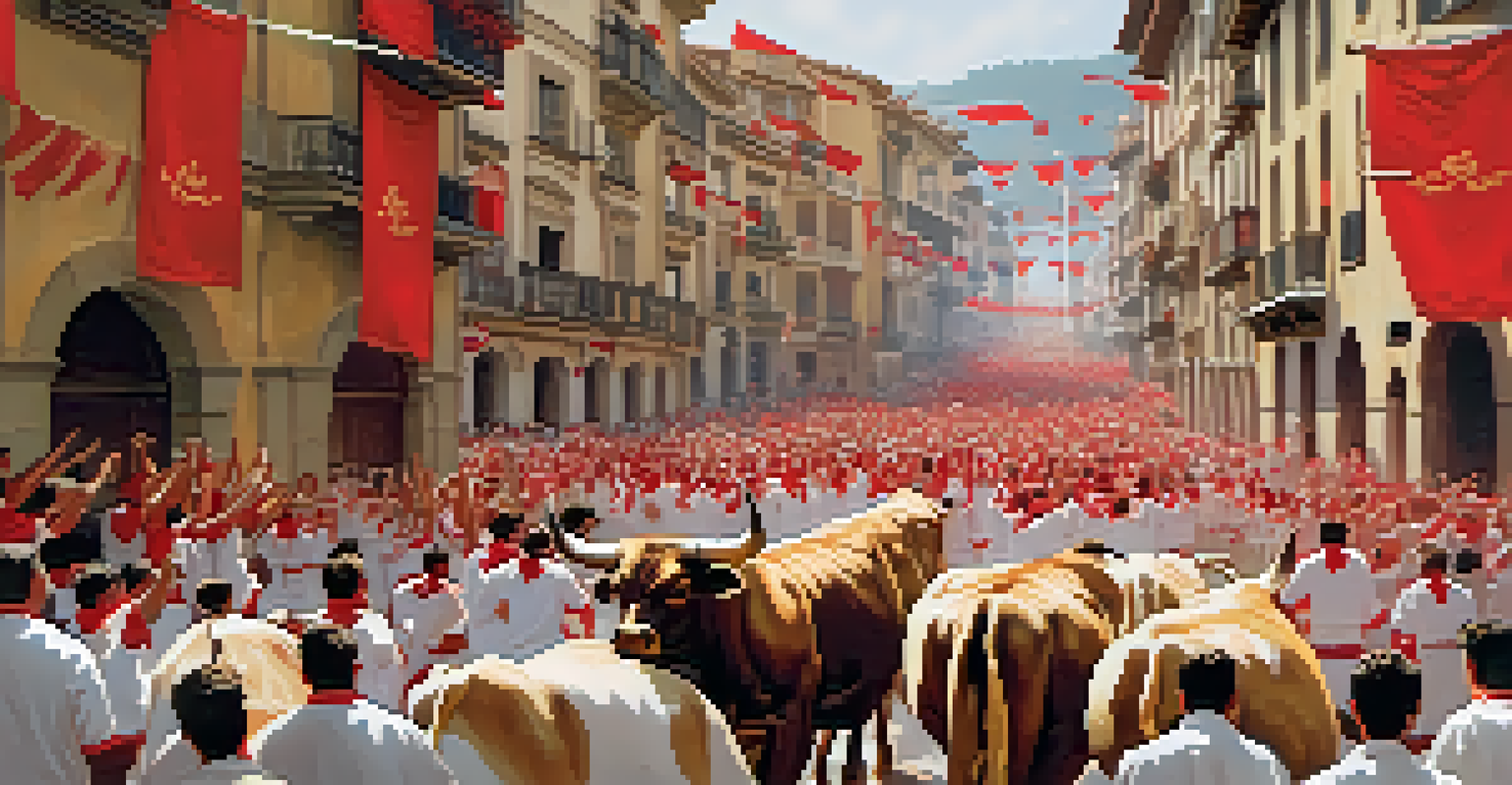 An energetic scene of the Running of the Bulls festival in Pamplona, featuring a crowd in white and red clothing cheering as bulls run down the streets.