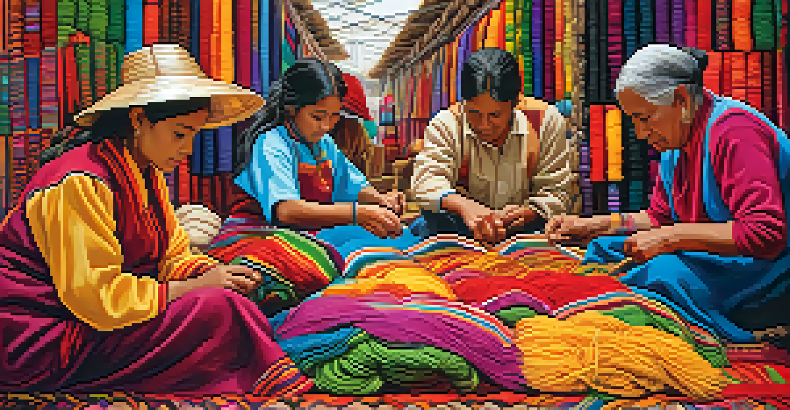 Artisans weaving colorful textiles in a Peruvian market, surrounded by vibrant threads and intricate fabrics, all illuminated by warm natural light.