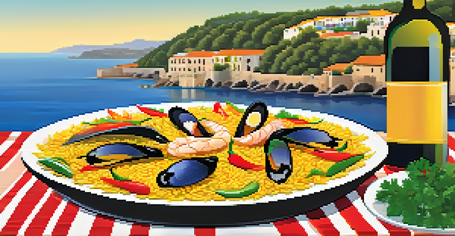A colorful plate of paella with seafood and vegetables, set on a rustic table in the Spanish countryside with olive trees in the background.