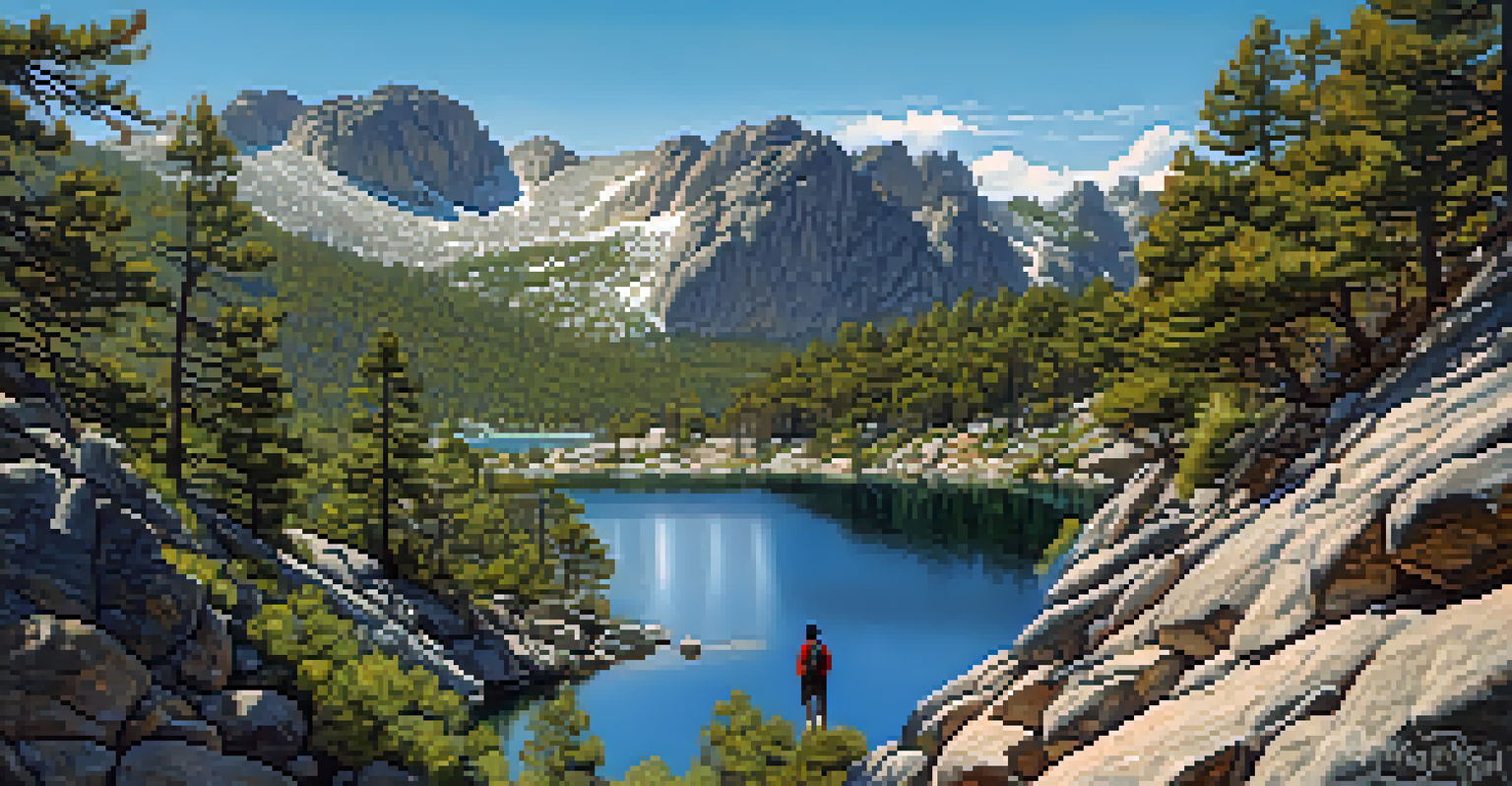 A hiker at a rocky cliff edge overlooking a blue alpine lake and forest, with rugged mountain peaks in the background under a clear blue sky.