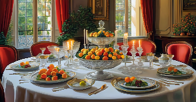 A luxurious dining table in a historic Spanish palace, decorated with fine china and crystal glassware, showcasing gourmet dishes under warm candlelight.