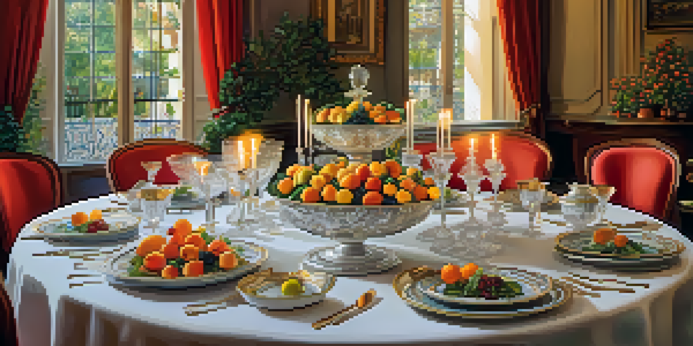 A luxurious dining table in a historic Spanish palace, decorated with fine china and crystal glassware, showcasing gourmet dishes under warm candlelight.