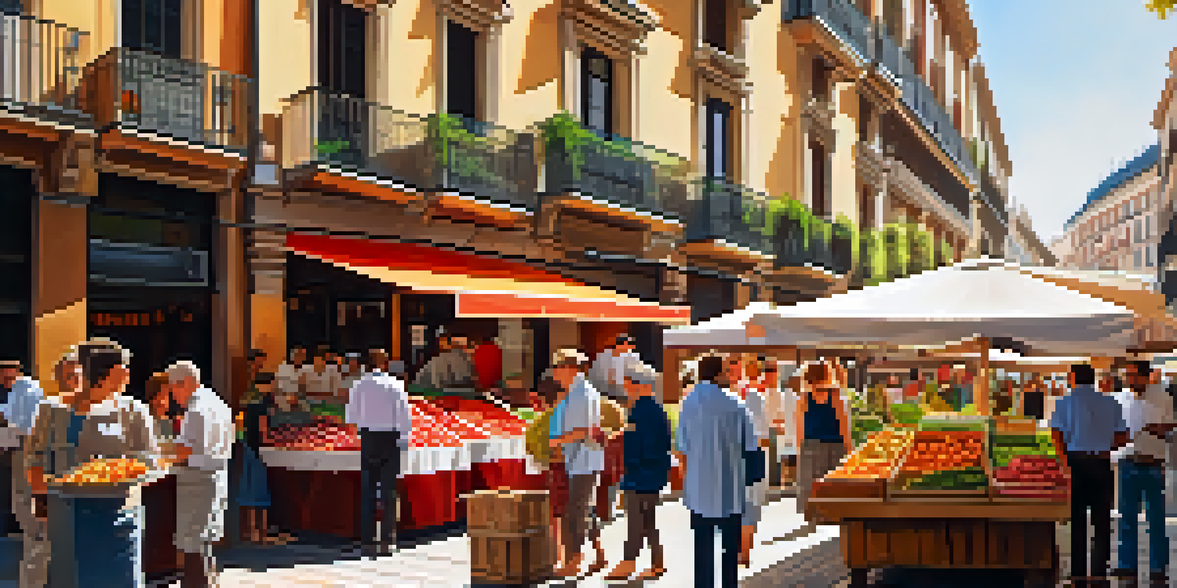 A lively market scene in Madrid with locals talking, colorful food stalls, and historic buildings in the background under warm sunlight.