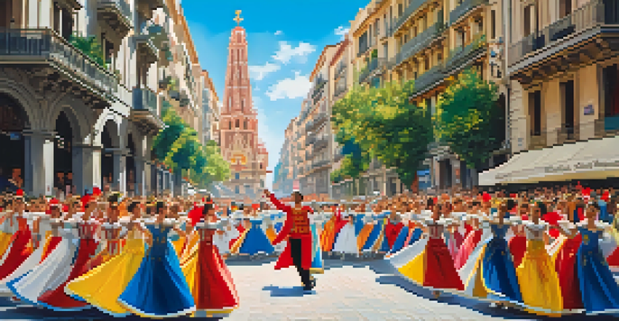 A colorful parade scene from La Merce Festival in Barcelona with dancers in traditional Catalan costumes and human castles in the background.