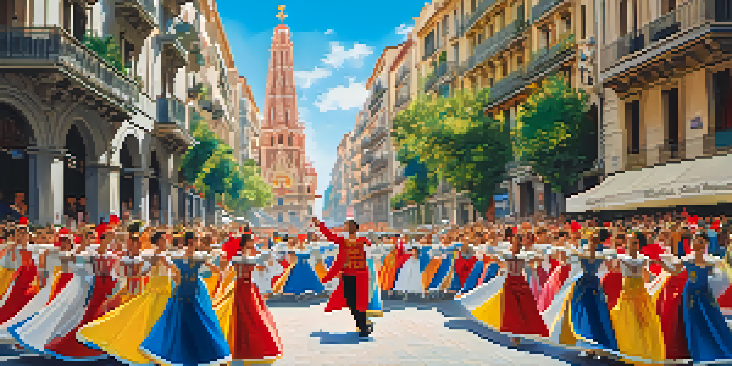 A colorful parade scene from La Merce Festival in Barcelona with dancers in traditional Catalan costumes and human castles in the background.