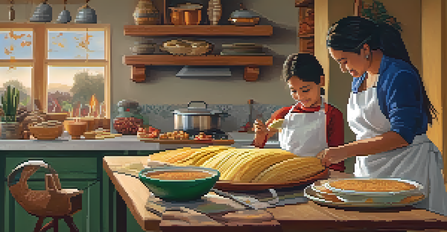 A family preparing traditional Día de los Reyes dishes in a cozy kitchen, with a freshly baked 'Rosca de Reyes' and ingredients for tamales.