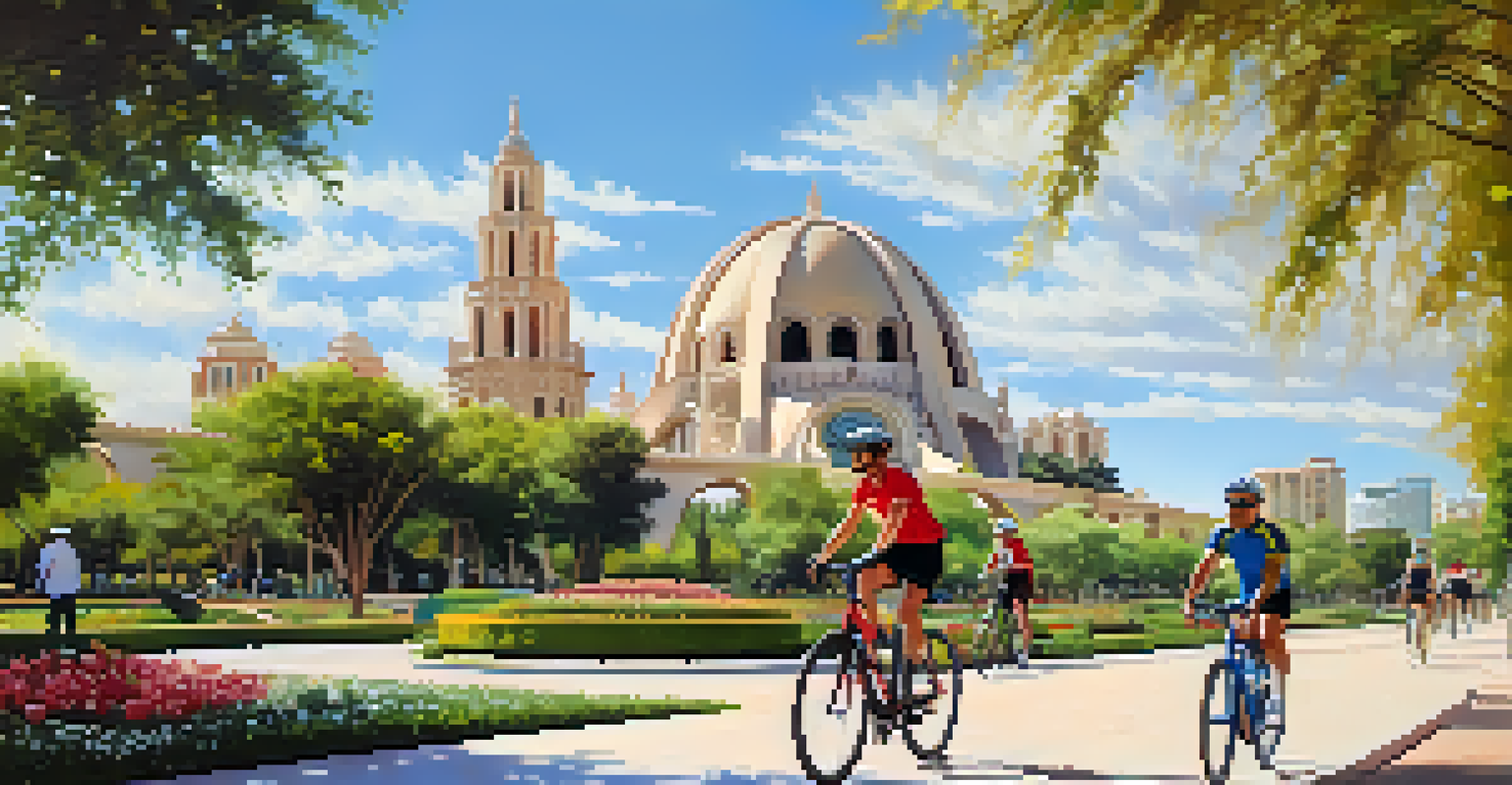 Cyclists on a bike path in Valencia's Turia Gardens, surrounded by gardens and the City of Arts and Sciences in the background.