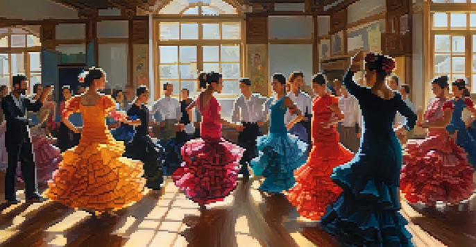 Families participating in a flamenco dance workshop, showcasing colorful traditional costumes and joyful expressions in a sunlit studio.