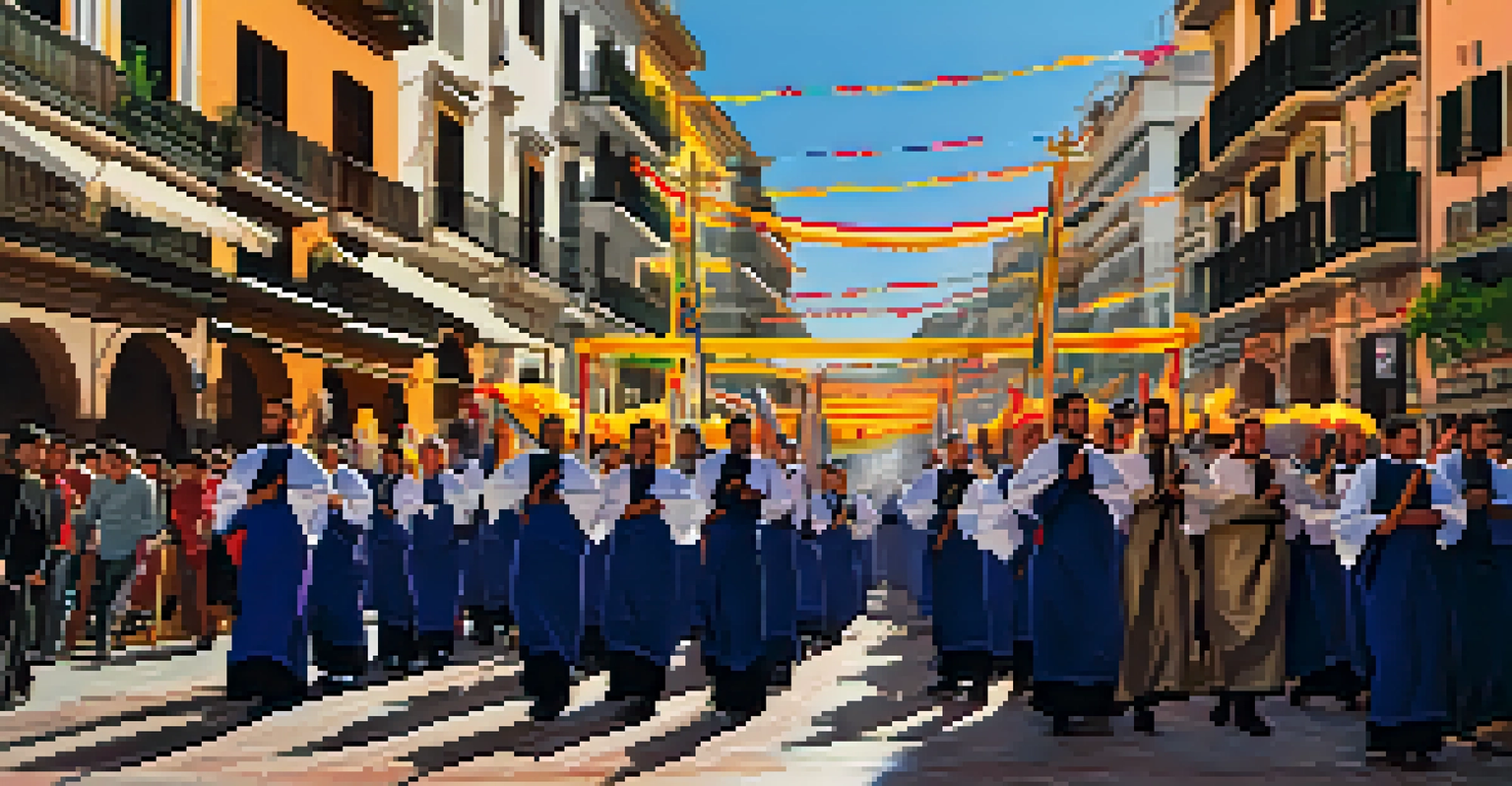 Costaleros carrying a float during Semana Santa in Málaga, surrounded by community members and festive decorations.