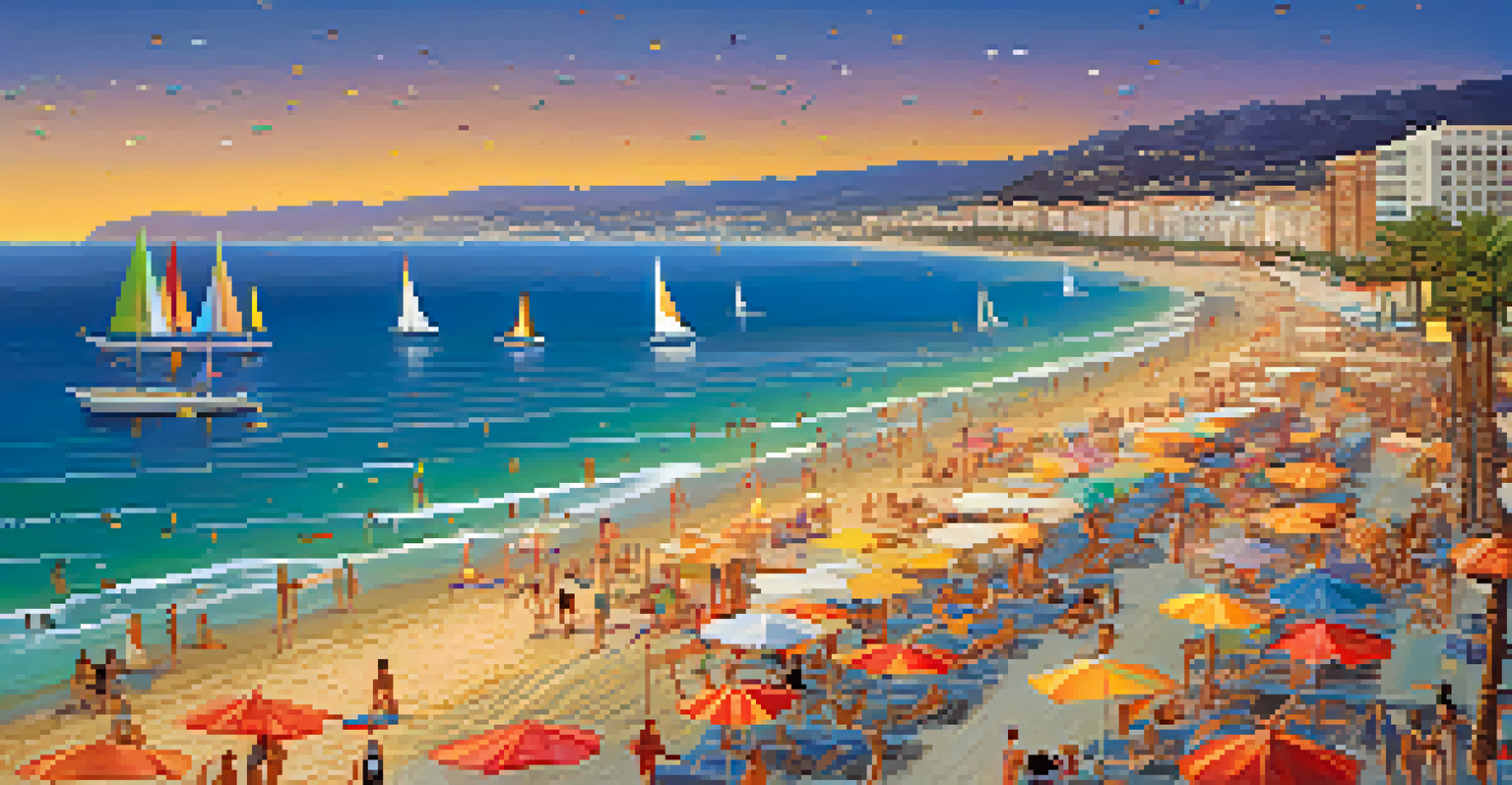 An aerial view of Costa del Sol's busy beach with golden sands and vibrant nightlife.