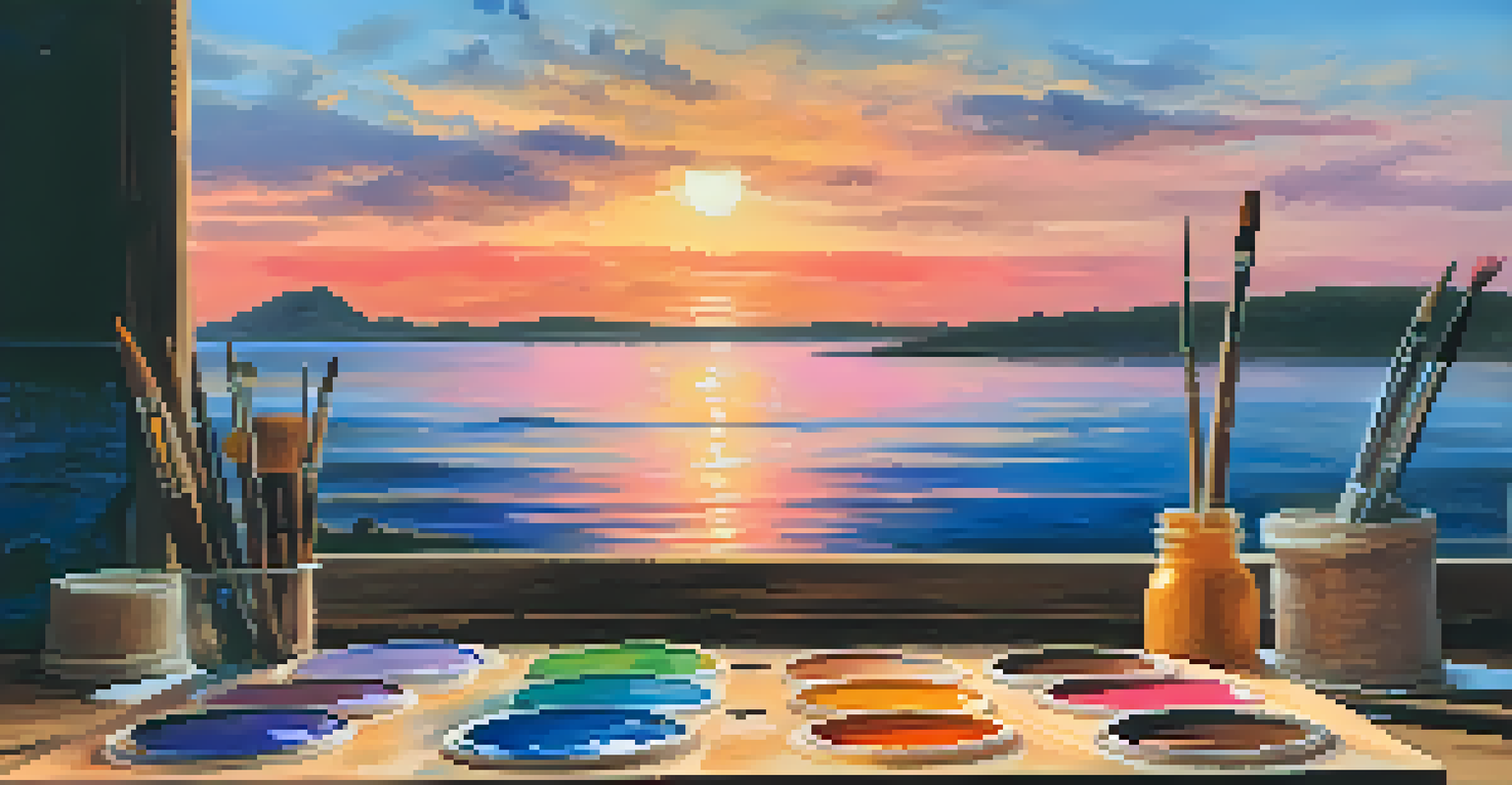 A close-up of a colorful artist's palette with paintbrushes, next to an unfinished landscape painting of a sunset over the sea.