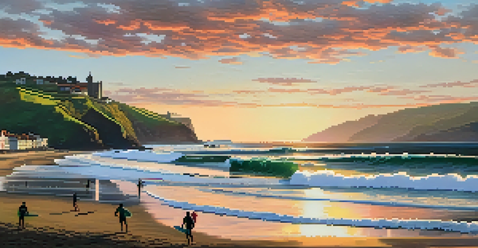 A picturesque beach scene at Mundaka Beach with surfers and cliffs during sunset.