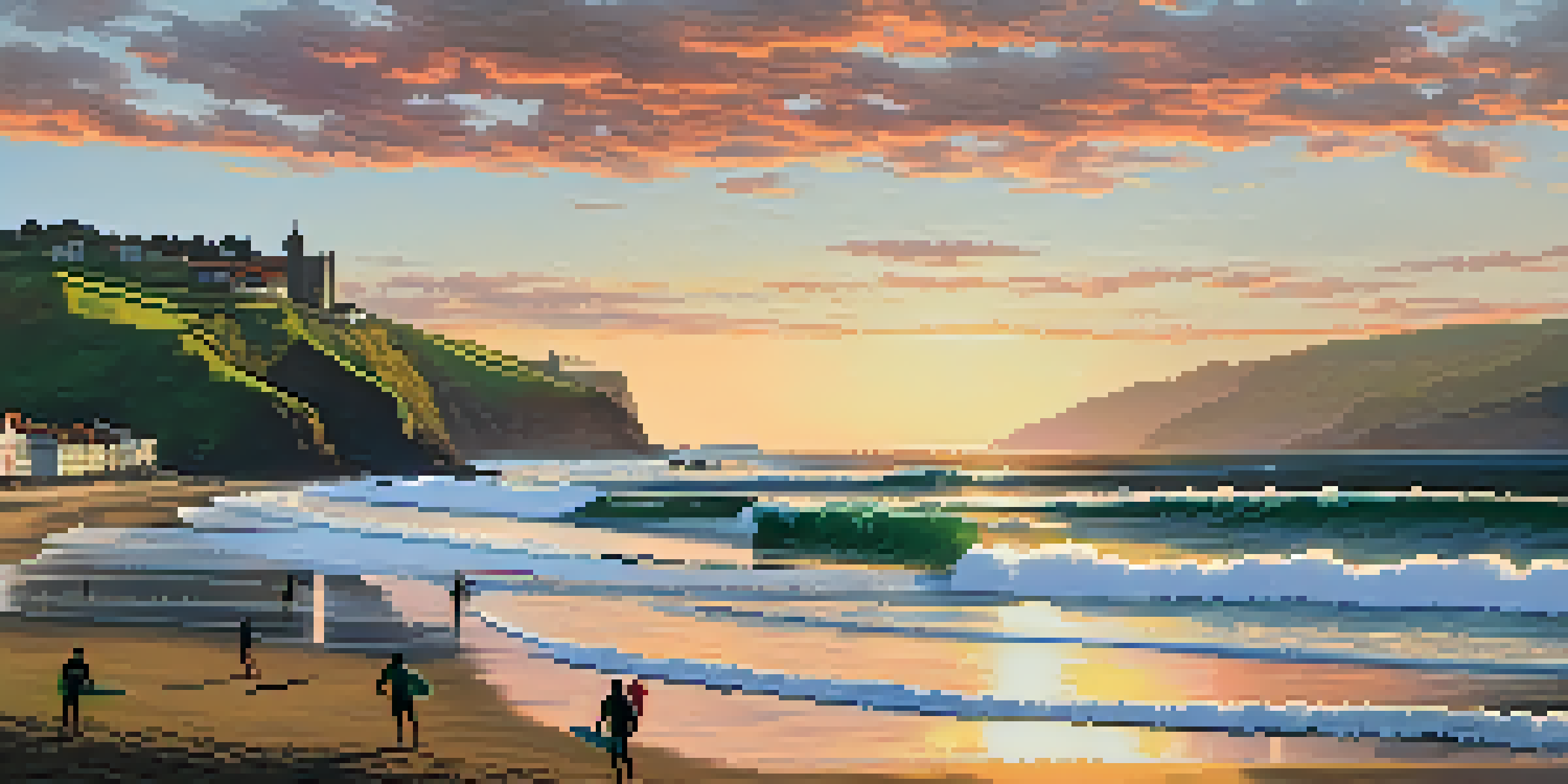 A picturesque beach scene at Mundaka Beach with surfers and cliffs during sunset.