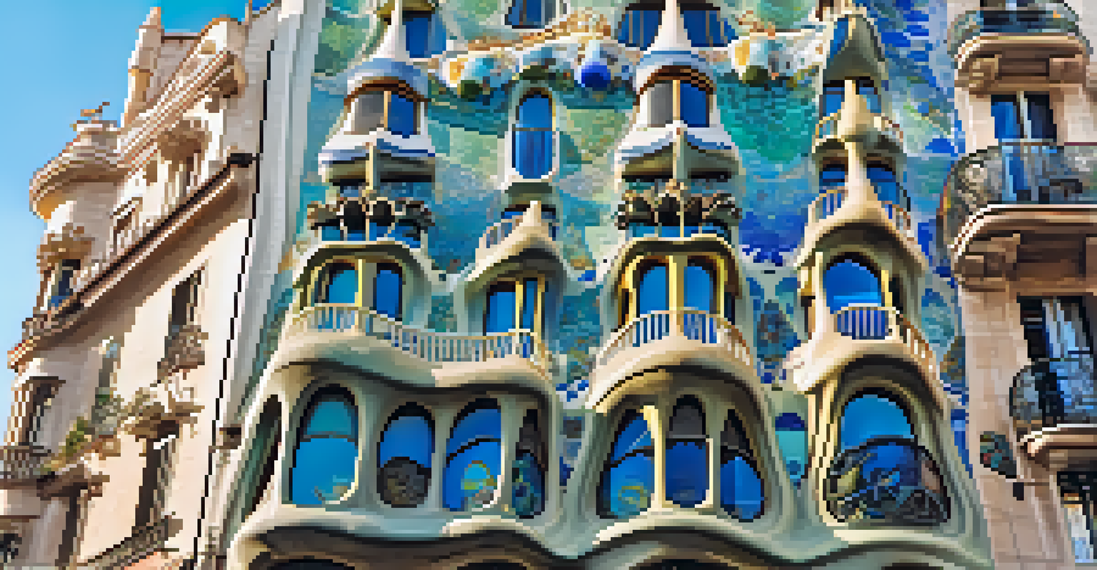 The colorful mosaic facade of Casa Batlló with undulating forms and a busy street in front.