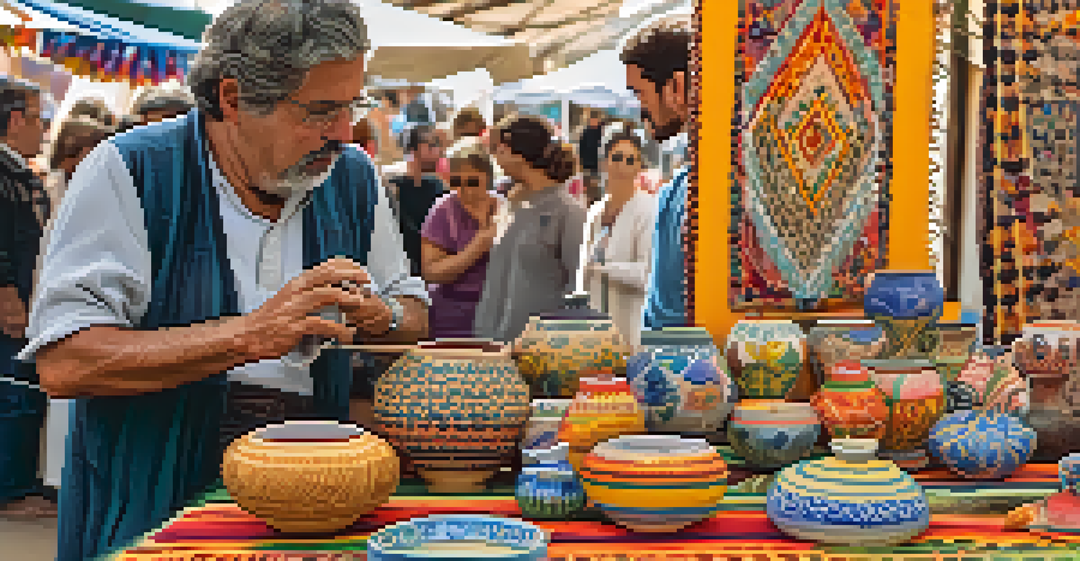 An artisan demonstrating traditional crafts in a vibrant festival setting, with colorful handmade items on display.