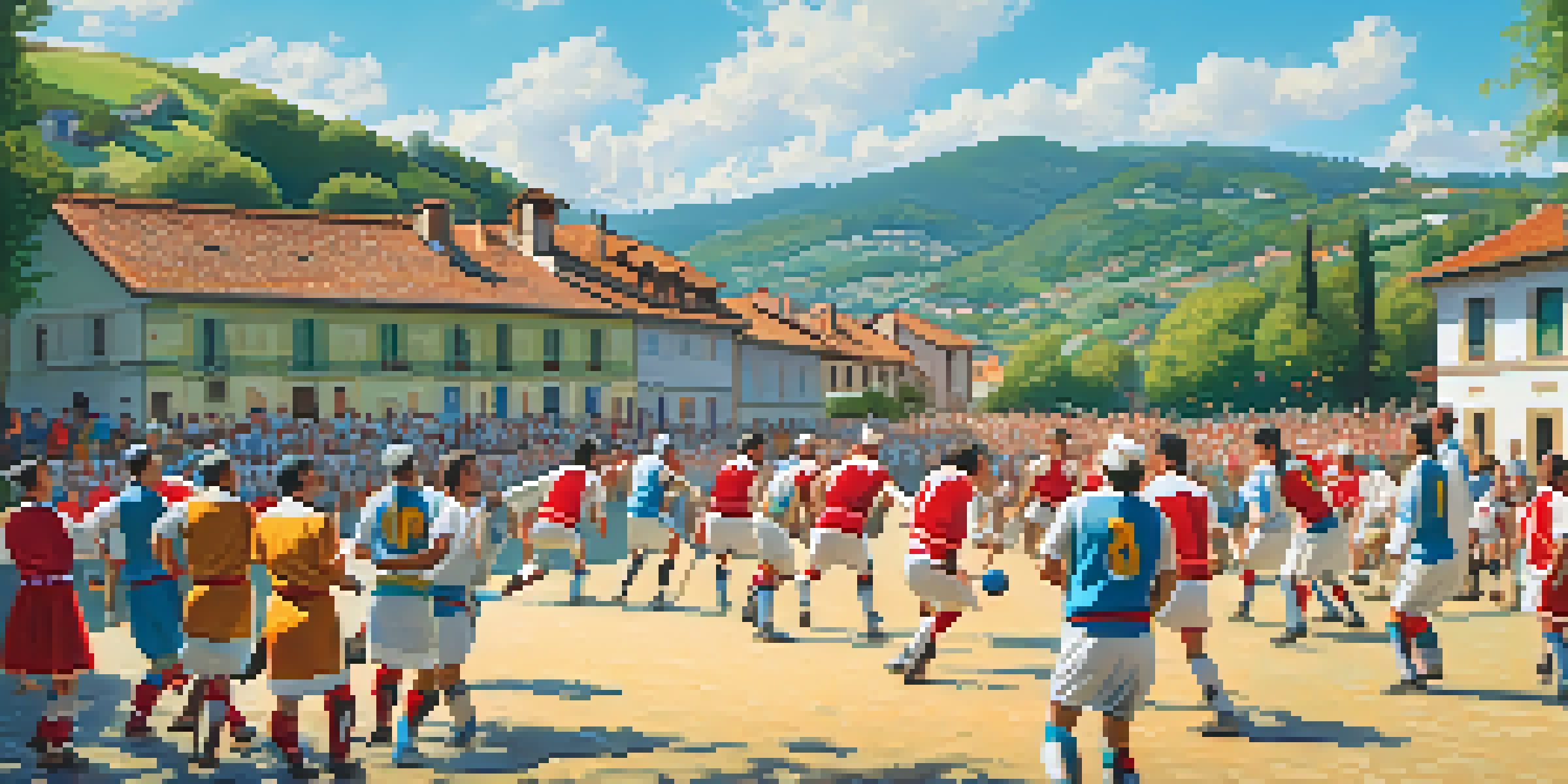 A lively pelota match in a Basque village with players and spectators, set against green hills and colorful houses.