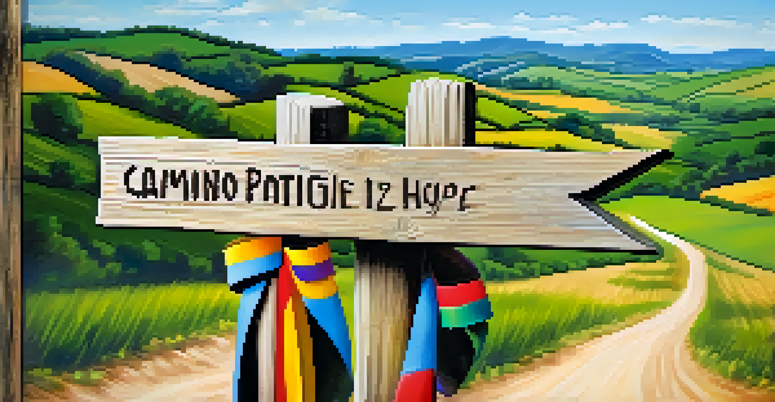 A close-up of a wooden signpost on the Camino de Santiago, surrounded by green hills and blue skies, decorated with ribbons.