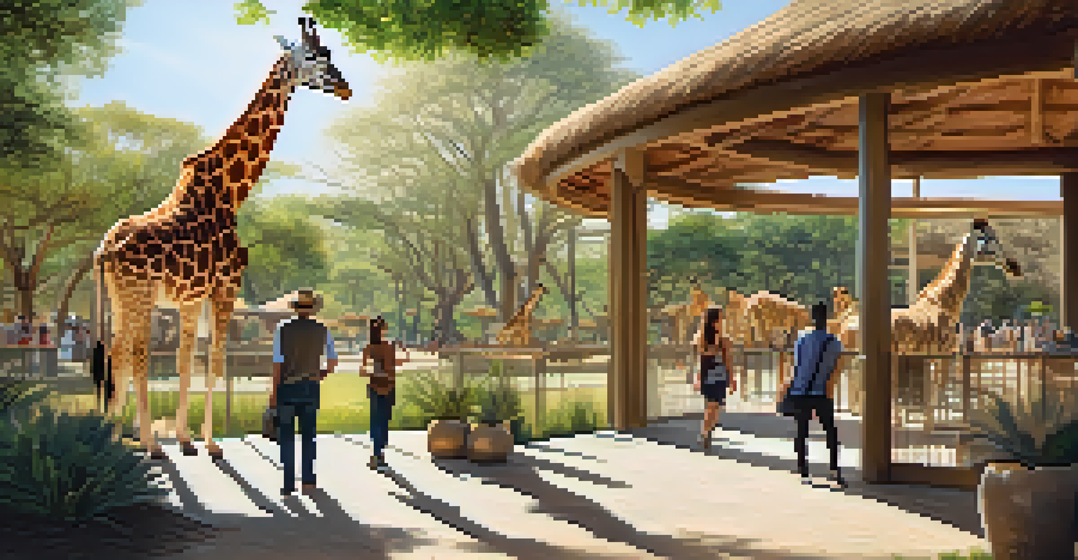 Visitors walking through a savanna-like habitat at Bioparc Valencia, with giraffes and zebras in the background, basking in warm sunlight.
