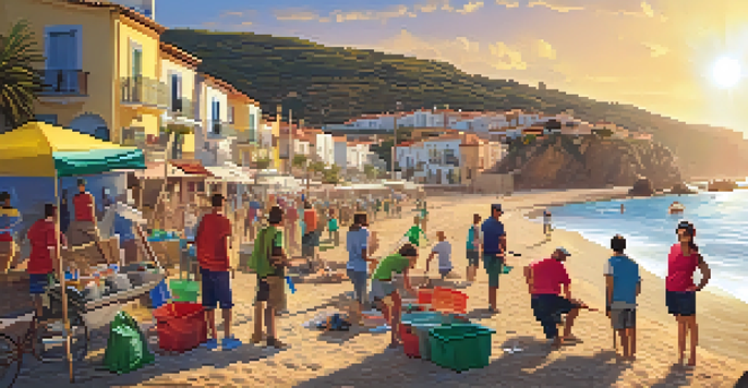 A group of diverse volunteers and locals working together on a beach clean-up in a coastal village in Spain, with a sunset in the background.