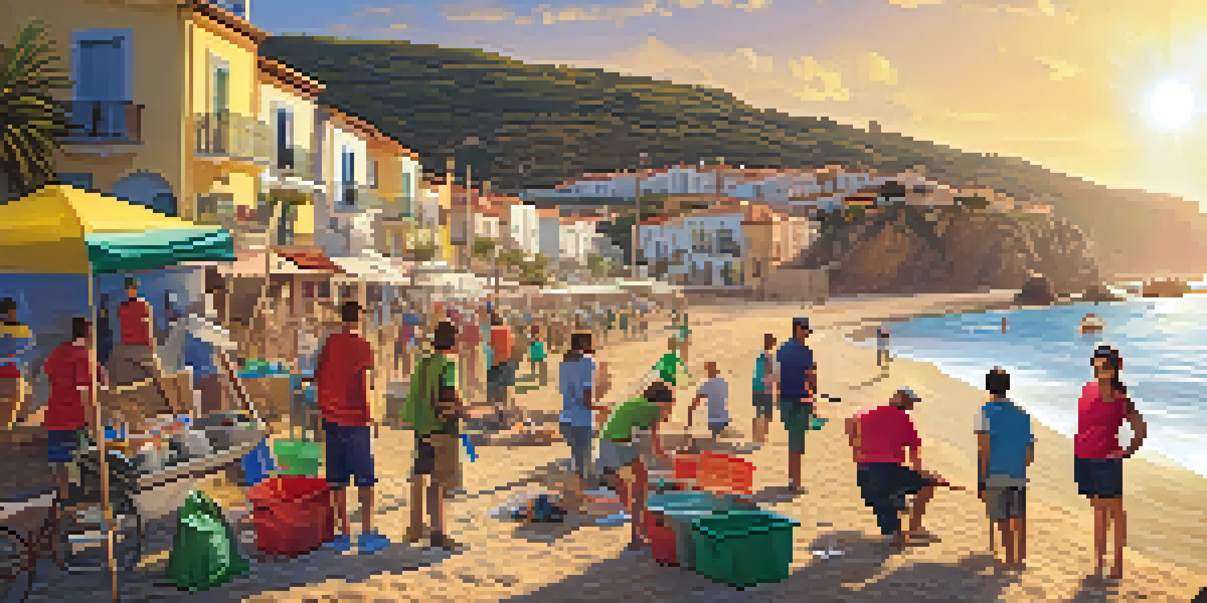 A group of diverse volunteers and locals working together on a beach clean-up in a coastal village in Spain, with a sunset in the background.