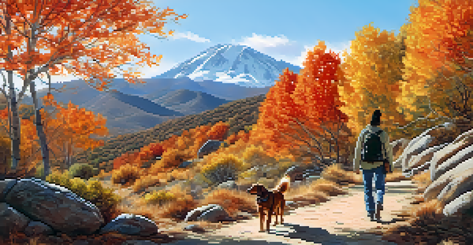 An autumn hiking trail in Sierra de Guadarrama National Park, featuring vibrant fall colors and a pet owner walking with their dog, with mountains in the background.