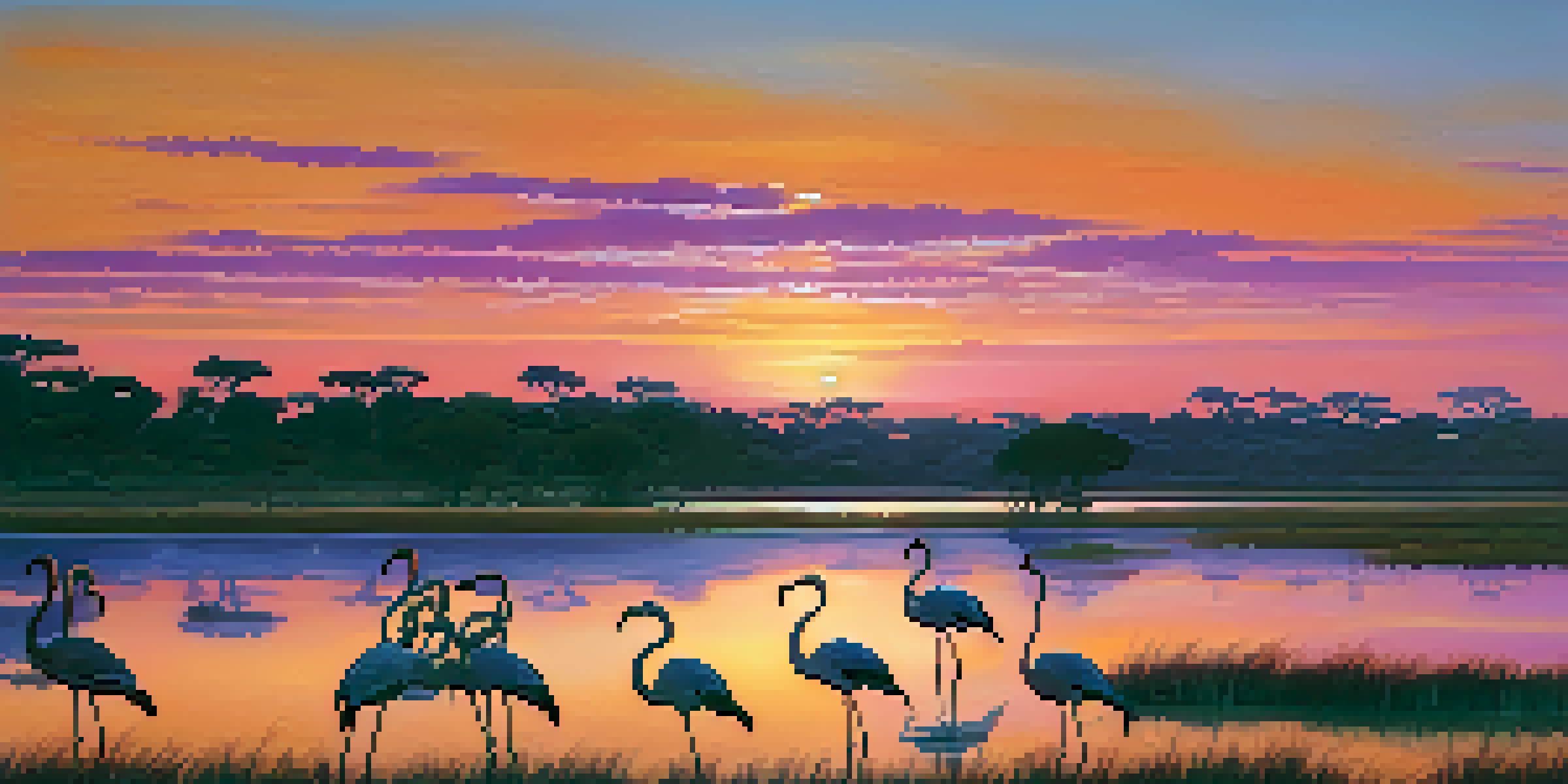A picturesque sunset over Doñana National Park, featuring wetlands with flamingos wading in the water and a colorful sky.