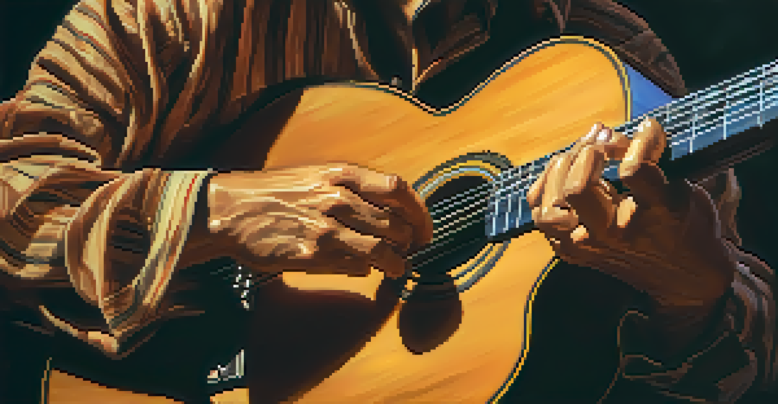 A close-up of a guitarist's hands playing an acoustic guitar, highlighting the intricate finger movements and warm lighting.