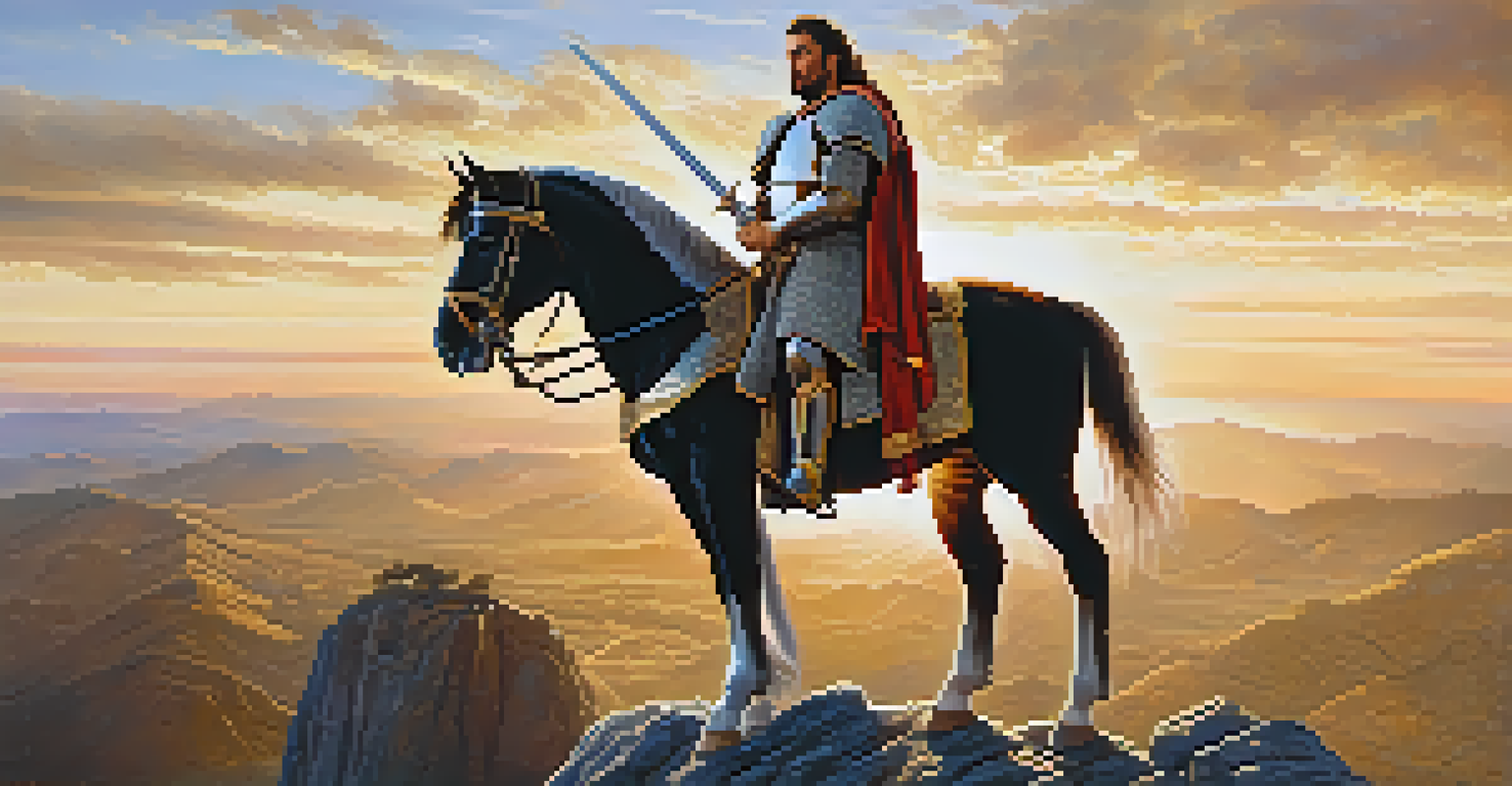El Cid, a medieval hero in armor, stands on a cliff with a sword raised, against a sunrise backdrop.