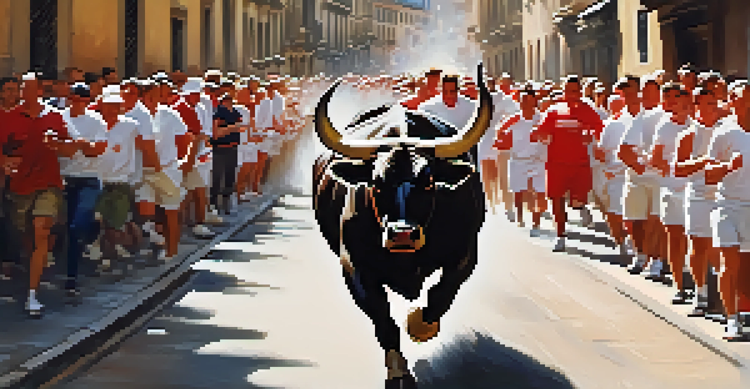 A dramatic scene featuring a bull running down a narrow street with runners in white and red attire, capturing the thrill of the Running of the Bulls.