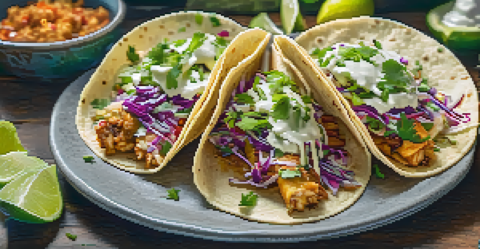 An overhead view of fish tacos filled with crispy fish and cabbage slaw on a colorful plate, surrounded by lime and cilantro, set against a blurred market background.