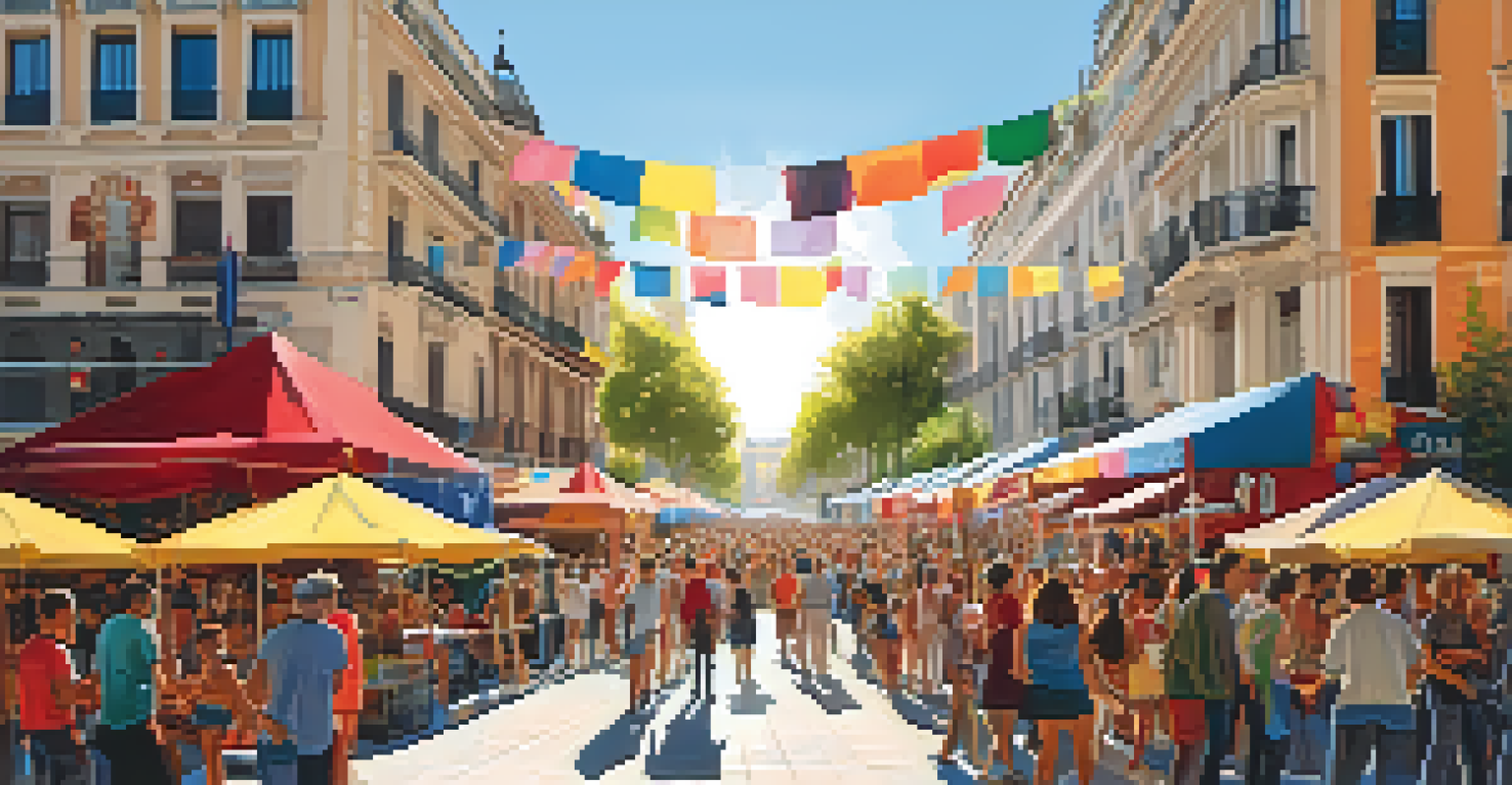 A street festival in Madrid with artists painting murals, visitors enjoying local food, and colorful banners, illuminated by the setting sun.
