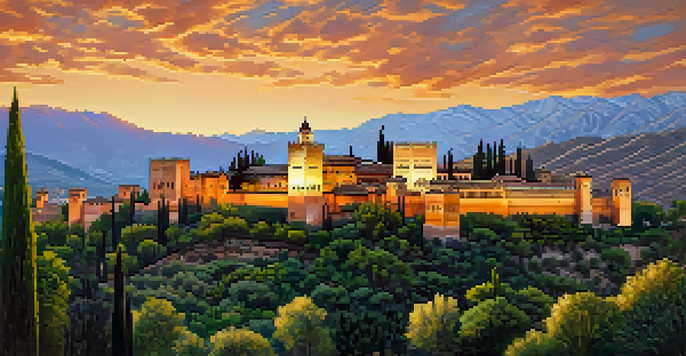 A panoramic view of the Alhambra palace at sunset, with intricate architecture and lush gardens.
