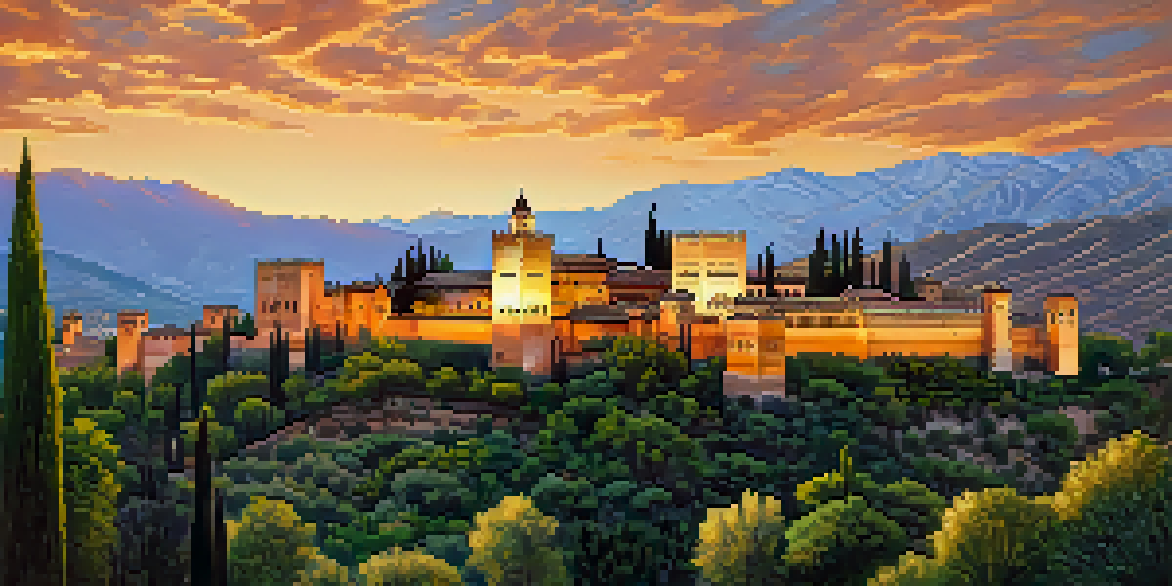 A panoramic view of the Alhambra palace at sunset, with intricate architecture and lush gardens.