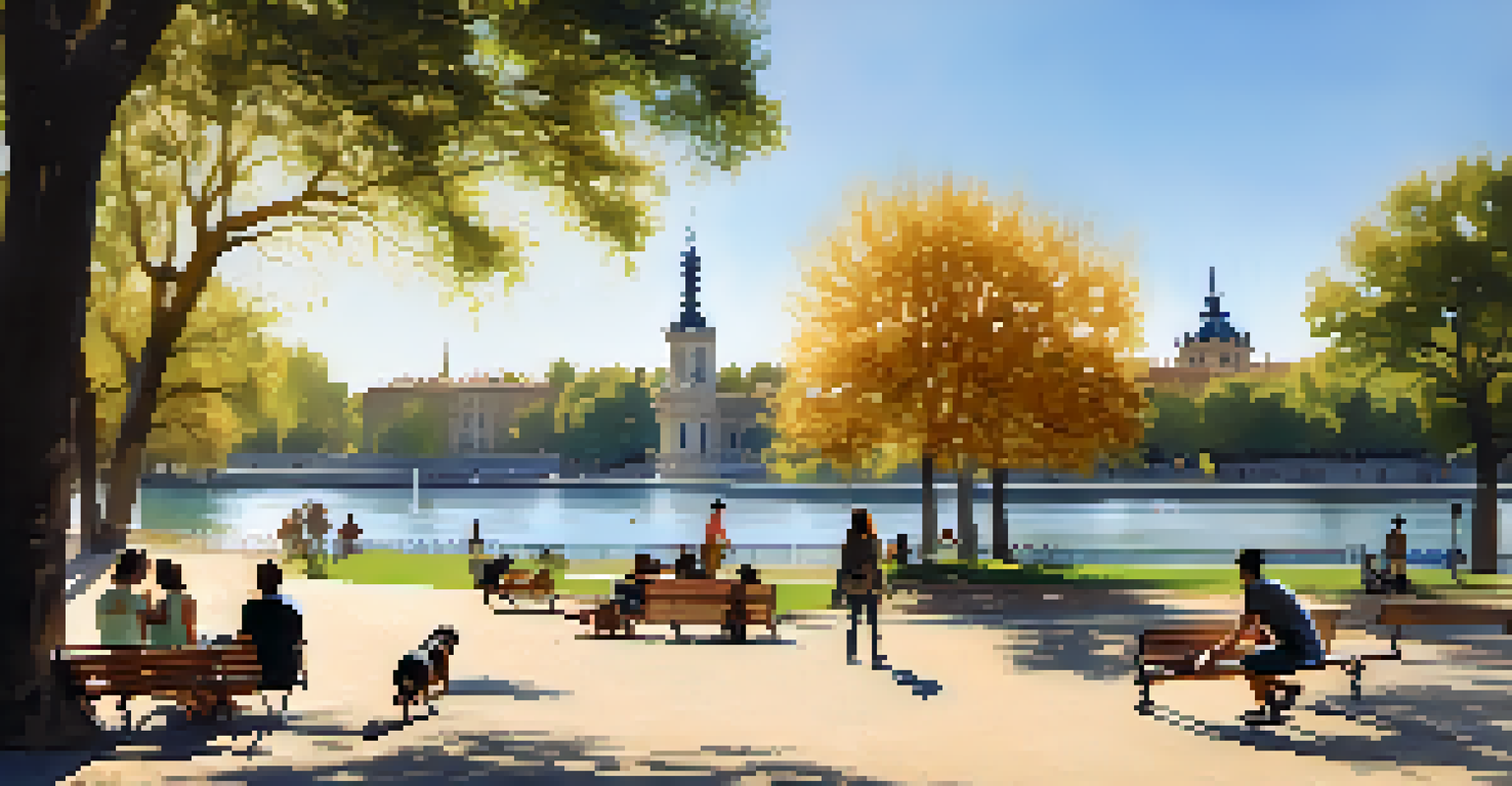 Dogs playing near a lake in Retiro Park, with owners relaxing on benches and people walking along scenic paths.