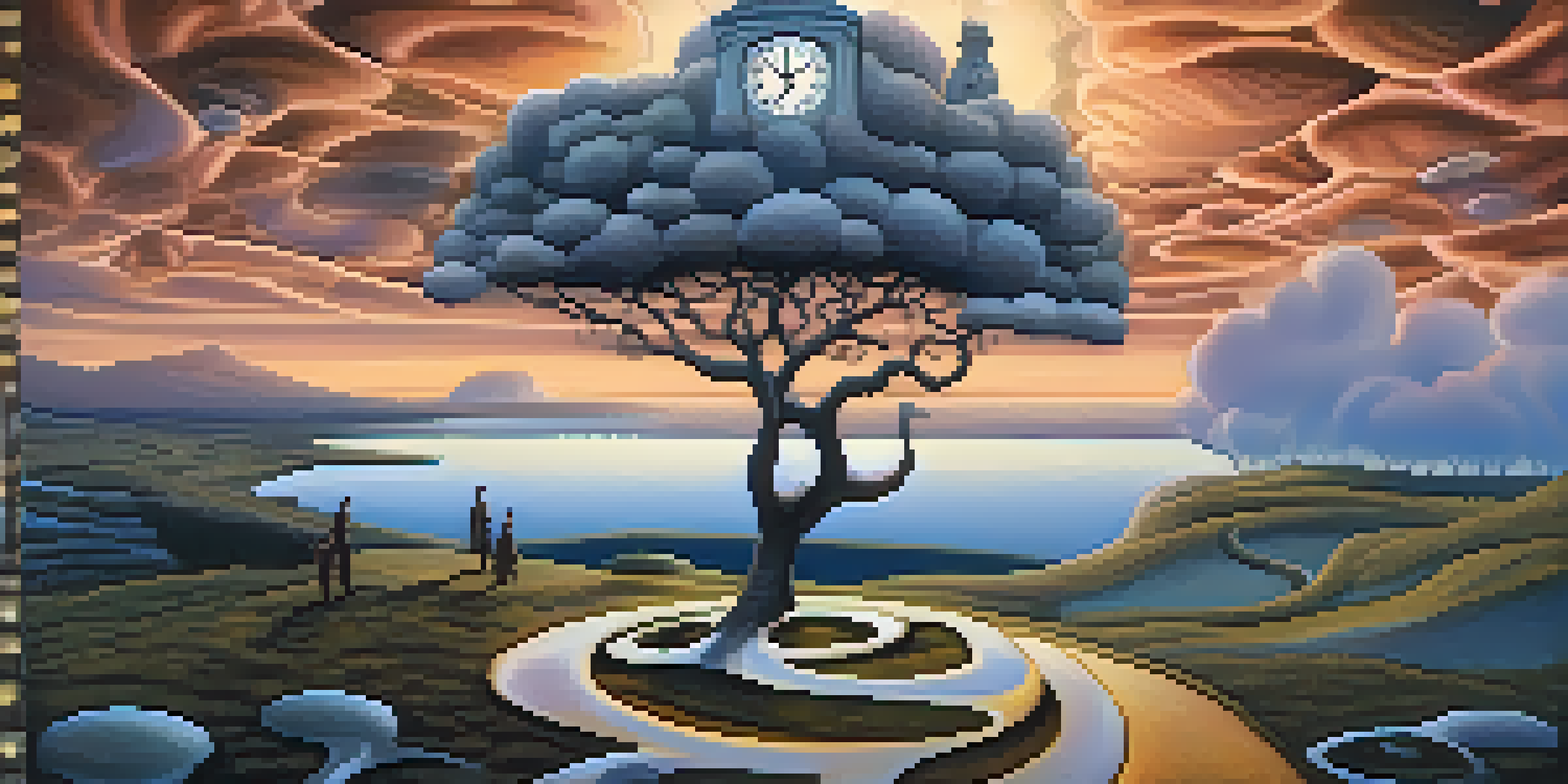 A surreal landscape with melting clocks on tree branches, twilight sky, and abstract shapes on the ground.