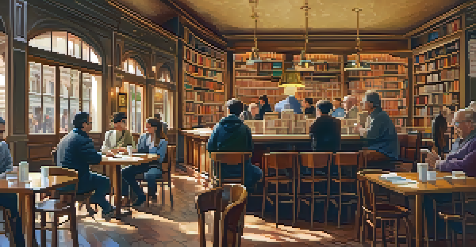 A cozy café in Madrid with bookshelves and patrons discussing literature.