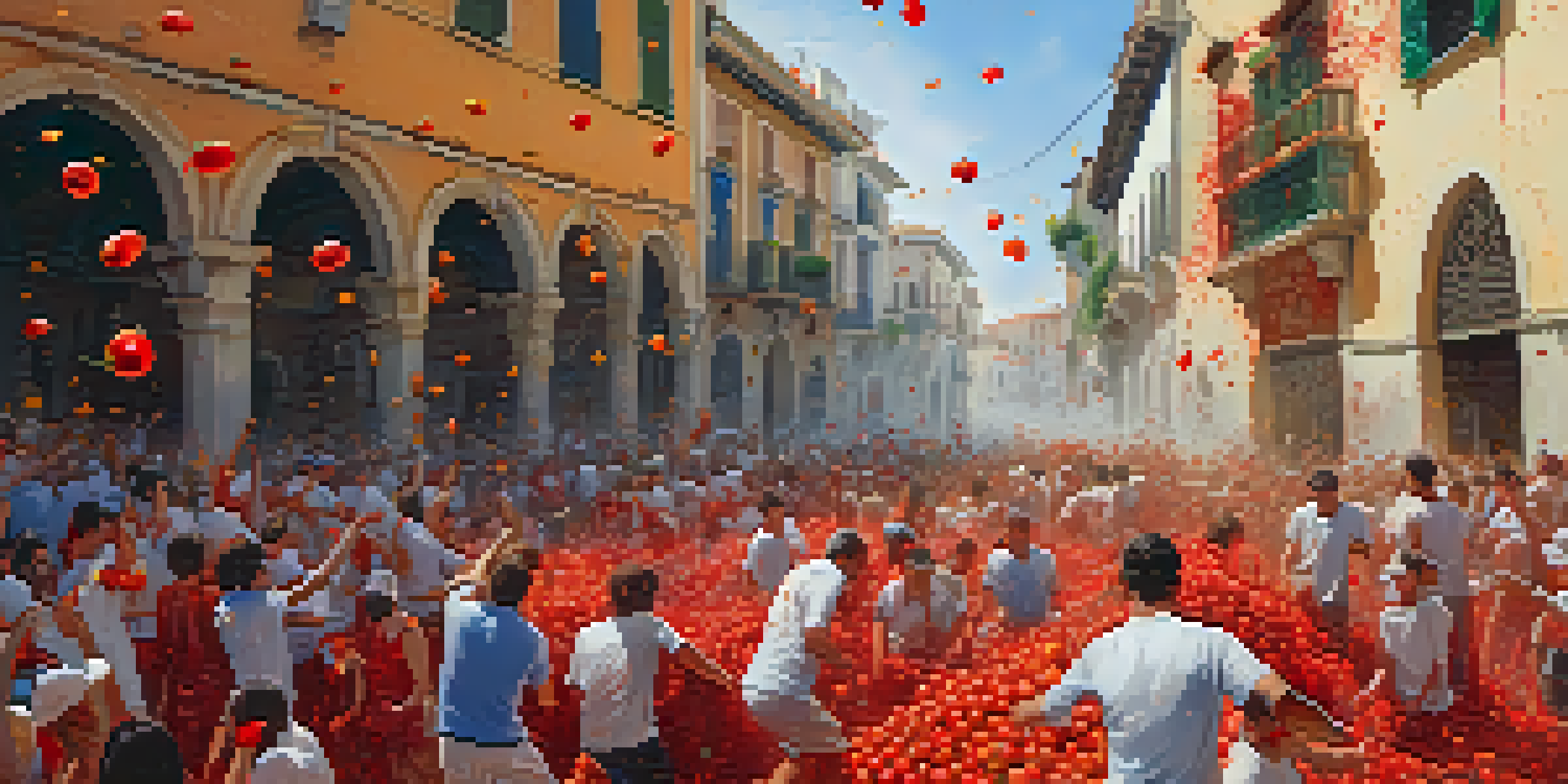 Participants in La Tomatina festival throwing tomatoes at each other, with joyful expressions and historic buildings in the background.